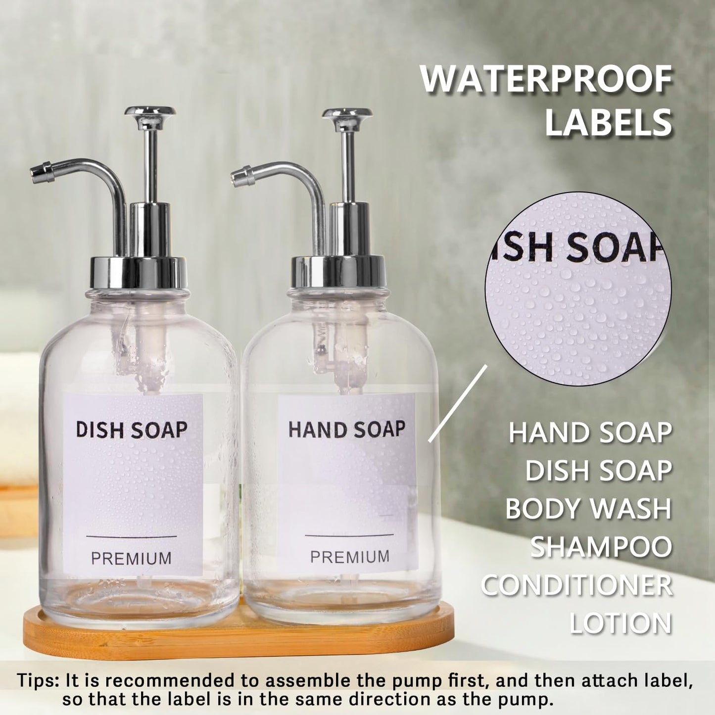 12oz Dish Soap Dispenser for Kitchen, Hand Glass Soap Dispenser Set with Pump, Tray, Funnel for Bathroom, Shower, Laundry, Liquid, Lotion (Silver 2 Pack Clear Bottles with 12 Stickers)