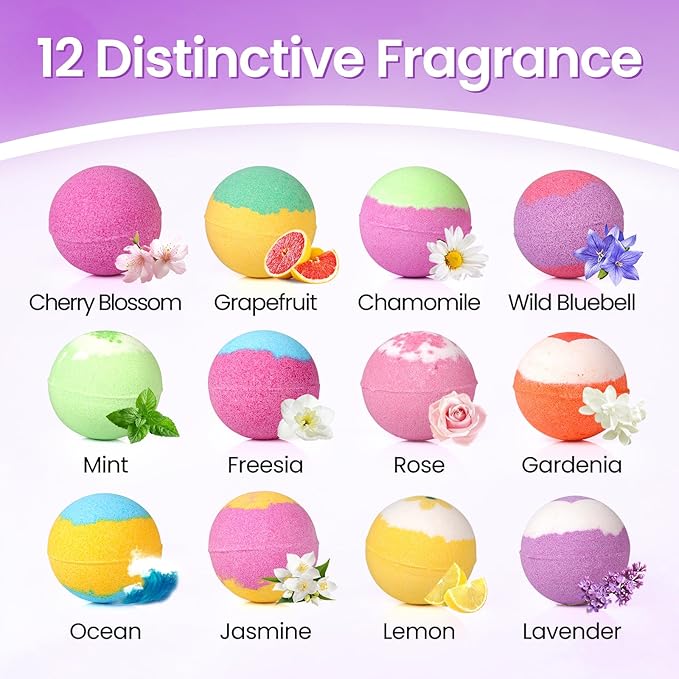 Bath Bombs for Women, 12 Pack Handmade Bubble Shower Bombs Set, Shea Butter & Individually Wrapped, Present Idea for Her/Him, Wife, Mom Women