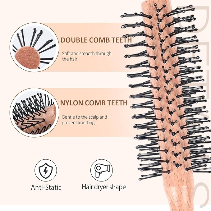 Round Curling Brush for Blow Drying, Wooden Handle Roller Brush with Soft Nylon Bristles, Curling Hair Brush for Wet Hair, Bangs, Beard, Styling