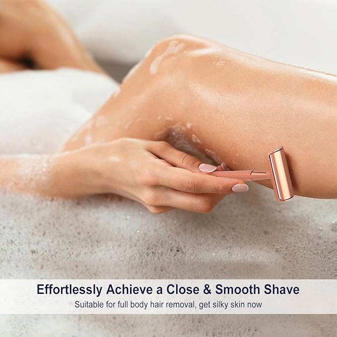 Rose Gold Safety Razor with Stand - Single Blade Razors for Women - Reusable Metal Razor, with 10 Double Edge Blades, Smooth & Close Shave
