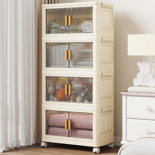 28 Qt Plastic Storage Bins with Lid, Collapsible Closet Organizer and Storage Drawers, Stackable Storage Containers with Wheels, Clothes Storage Cabinet Home Organization, 4Pack