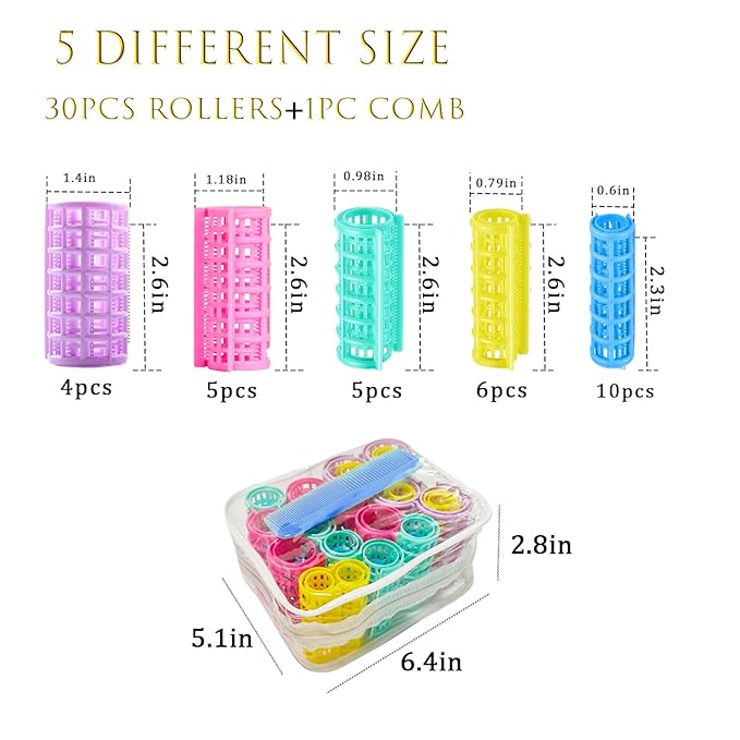 30Pcs Plastic Hair Curlers Rollers Set, Snap on Rollers Self Grip Hairdressing Curlers Hair Curlers No Heat Hair Rollers for Long Medium Short Thin Fine Hair with Mini Comb (5 Sizes)