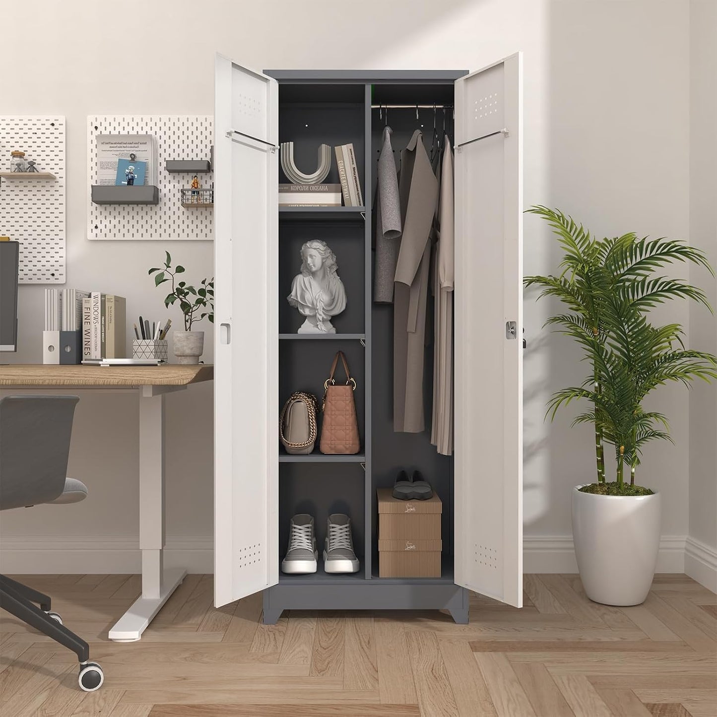 Broom Closet, Metal Storage Cabinet with Hanging Rod, 65" Broom Tool Organizer, Metal Cabinet with Doors and Shelves, Tall Cleaning Storage for Home, Office, Garage, Balcony