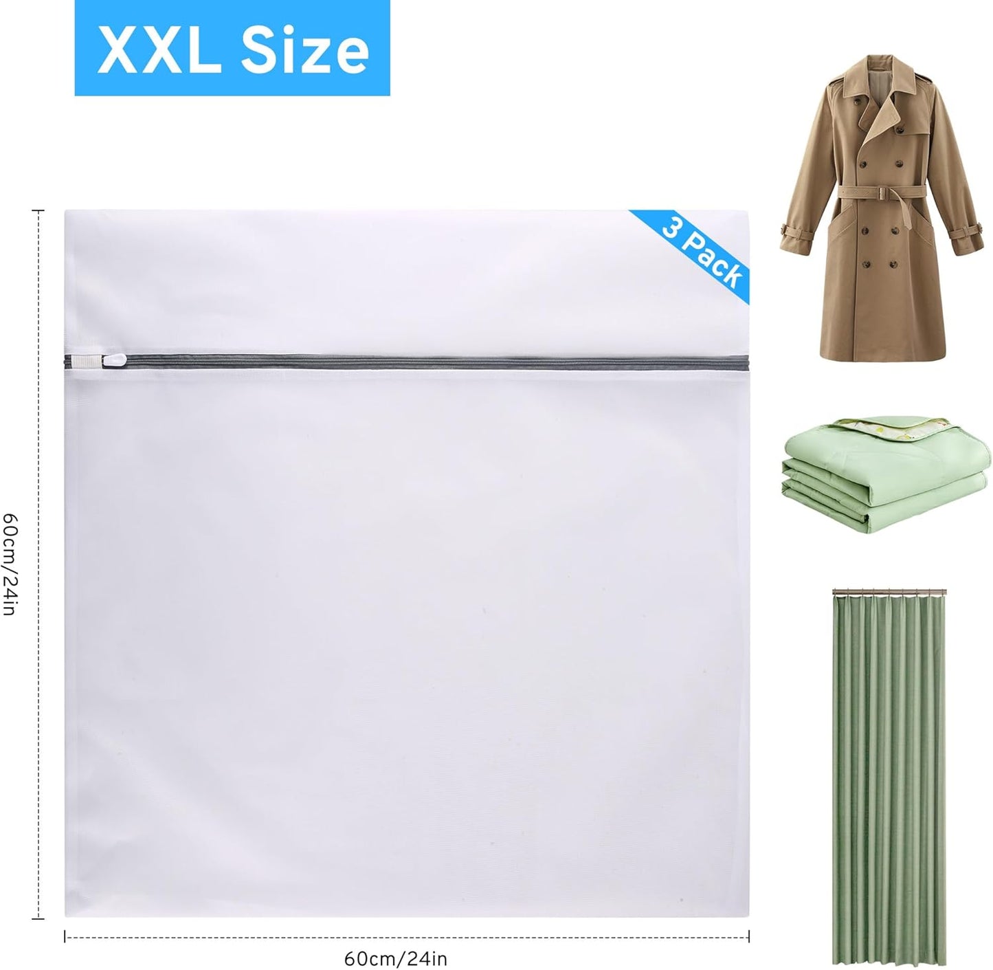 3 Pcs Mesh Laundry Bags Set for Delicates with AUTO-Lock Zipper, Lingerie Bags for Washing Delicates, Laundry Bags Mesh Wash Bags, Delicates Laundry Bag for Jeans,Blouse,Stocking,Bra(XXL,24" x 24")