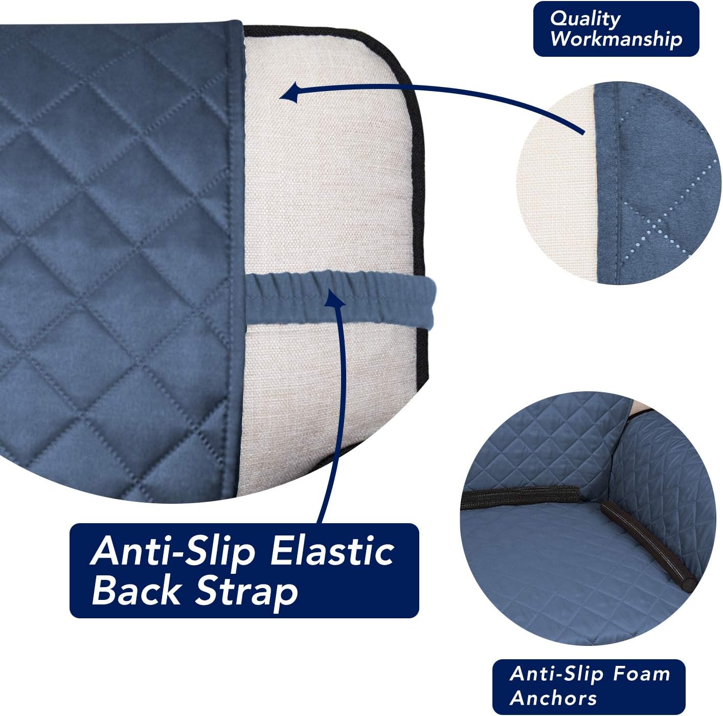 PureFit Reversible Quilted Sofa Cover, Water Resistant Slipcover Furniture Protector, Washable Couch Cover with Non Slip and Elastic Straps for Kids, Dogs, Pets (Chair, Dark Blue/Light Blue)