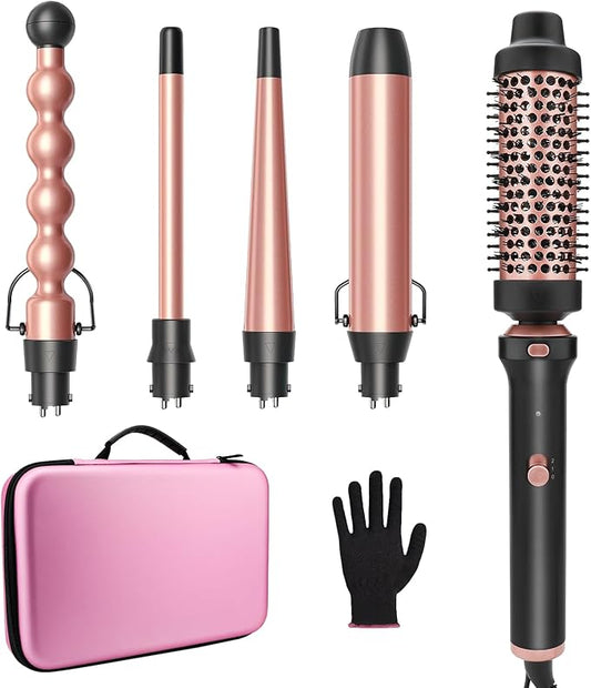 GSKY 5 in 1 Curling Iron Set, Hair Curler with Curling Brush and 4 Interchangeable Ceramic Curling Wand(0.5”-1.25”), Fast Heating, Include Suitcase & 2 Clips & Heat Protective Glove