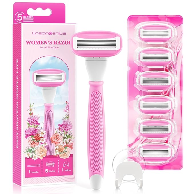 Razors for Women Include 1 Non-Slip Handle and 7 Blade Refills with a Shower Holder, 5 Premium Blades Women's Razors for Shaving with 360° Lubrication Reduces Irritation, Pink