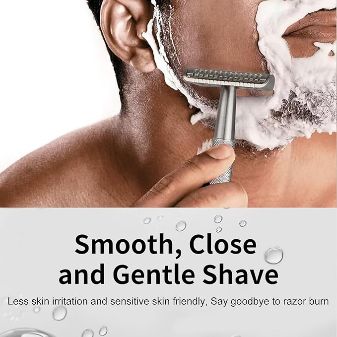 Stainless Steel Safety Razor, Single Blade Razors for Men, with 10 Double Edge Blades, Long and Heavy Duty Handle, Smooth Close Wet Shaving, Silver