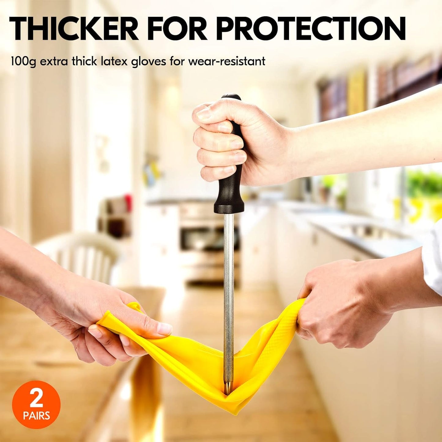 Vgo... 2-Pairs Reusable Household Gloves, Rubber Dishwashing gloves, Extra Thickness, Long Sleeves, Kitchen Cleaning, Working, Painting, Gardening, Pet Care (Size XL, Yellow, HH4601)