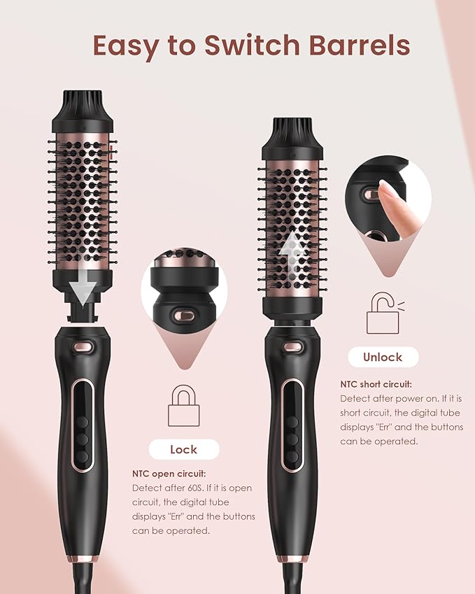 Thermal Brush Set 3 in 1 Hot Hair Curling Iron Brush, Dual Voltage 110-220V Travel Round Head Hair Styling 11 Temp Settings Fast Heated（1.25"&1.5"&1.75" for Women Volume Smoother