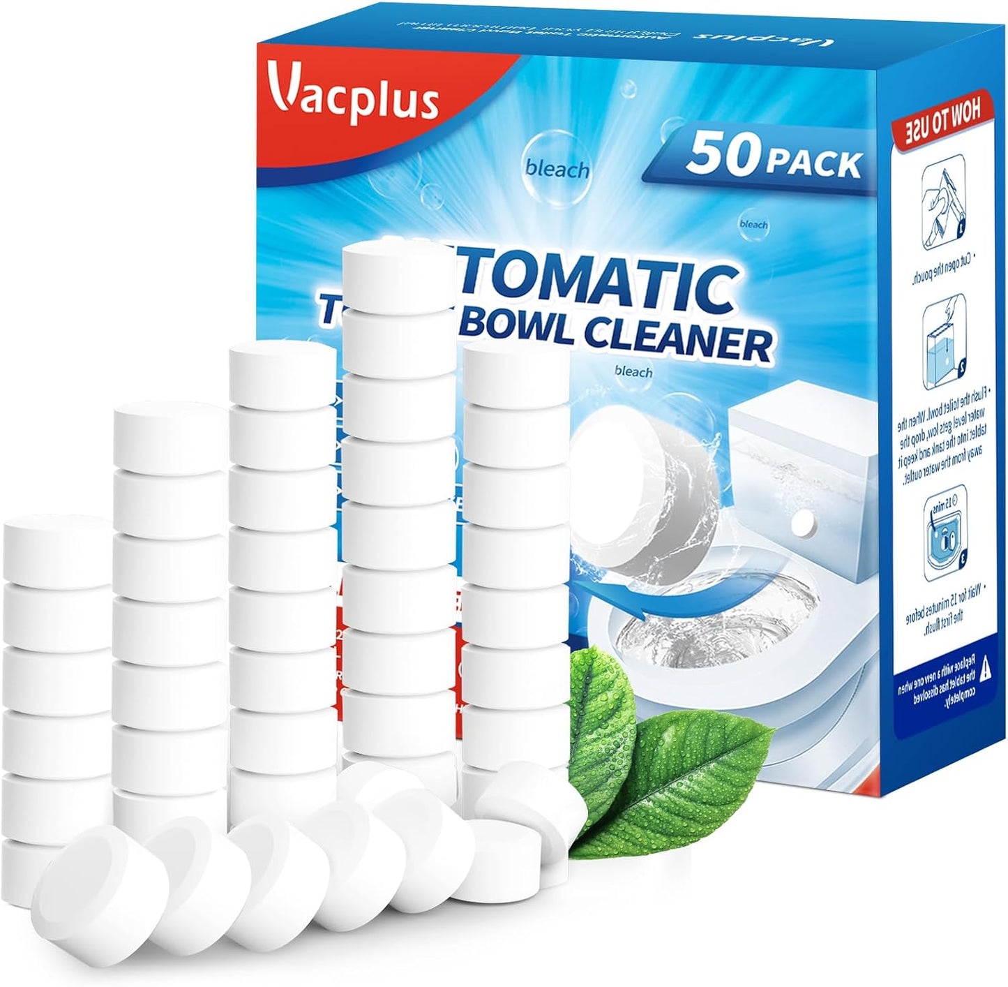 Vacplus Toilet Bowl Cleaner Tablets 50 PACK, Automatic Toilet Bowl Cleaners with Bleach for Deodorizing and Descaling, Bathroom Cleaner Against Tough Stains