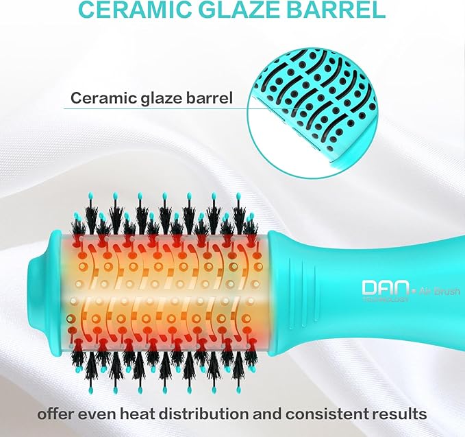 Dan Technology Blow Dryer Brush Hair Dryer Brush Hot Air Blowout Brush 120V 3 Speeds Oval Shape Volumizer Straightener Brush Faster Drying Mini Size Lightweight (Cyan)
