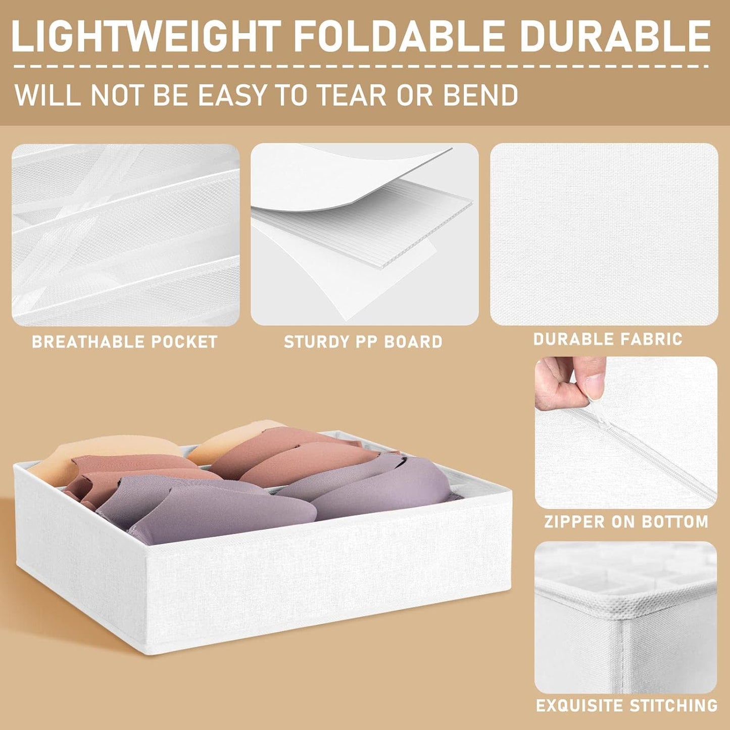 3 Pack Bra Underwear Drawer Organizer Dividers, 26 Cell Fabric Foldable Dresser Closet Organizers and Storage Boxes for Baby Clothes, Bra, Socks, Underwear, Ties (5+5+16 Slots, White)