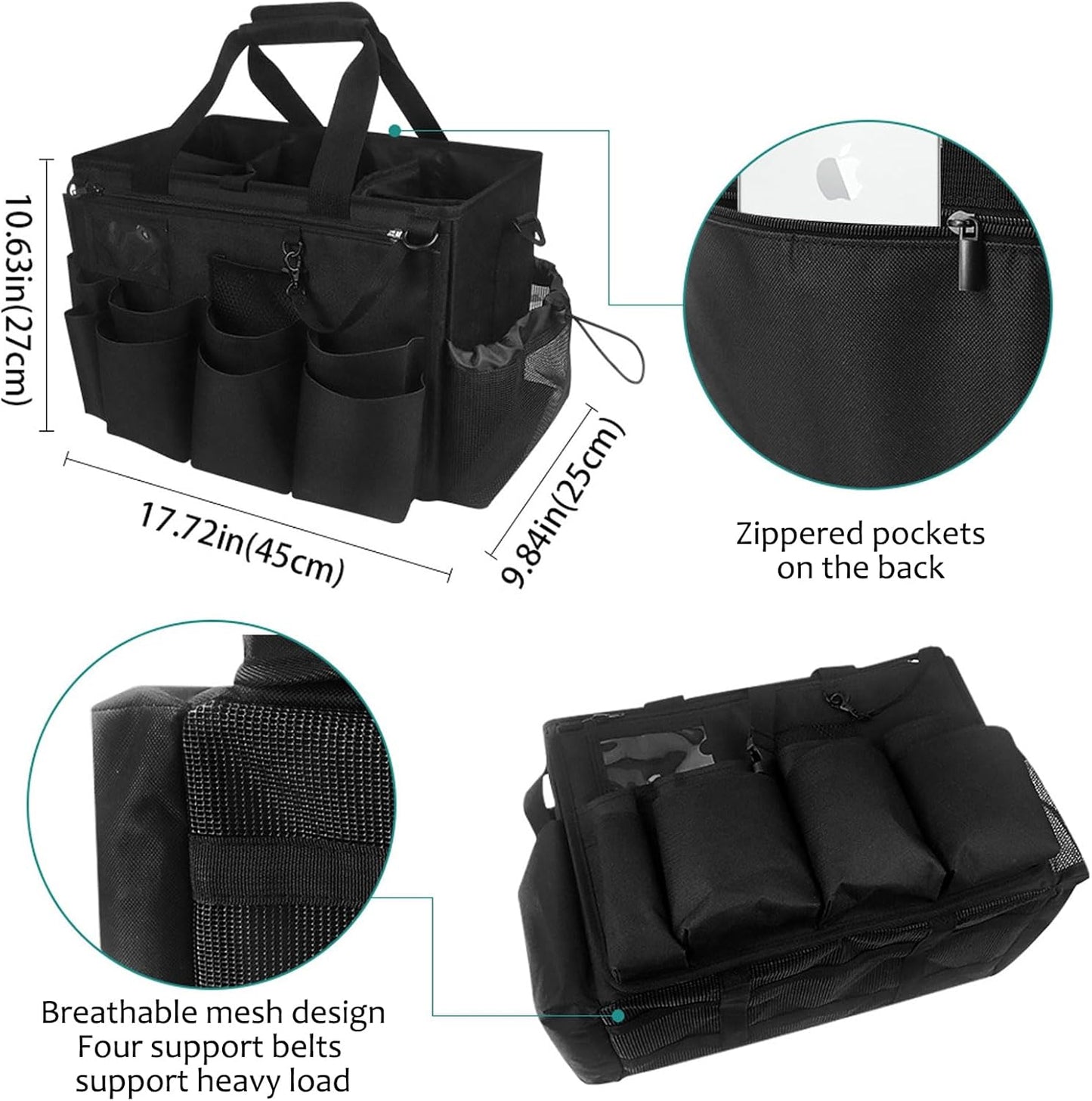 Qivine Cleaning Caddy with Handle, Cleaning Supply Caddy Foldable Tool Bag Cleaning Products Organizers Portable Cleaning Bucket Organiser for Storing Towels（Black Square）