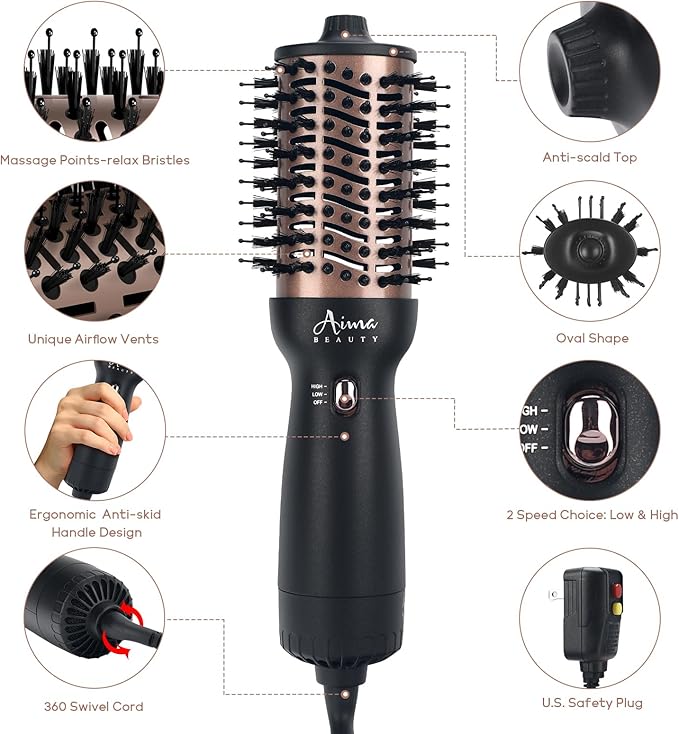 Hot Air Brush, Aima Beauty Salon One-Step Hair Dryer and Volumizer, 4-in-1 Upgrade Hair Dryer Brush, Blue