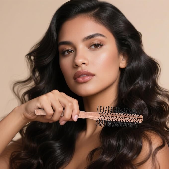 Round Curling Brush for Blow Drying, Wooden Handle Roller Brush with Soft Nylon Bristles, Curling Hair Brush for Wet Hair, Bangs, Beard, Styling