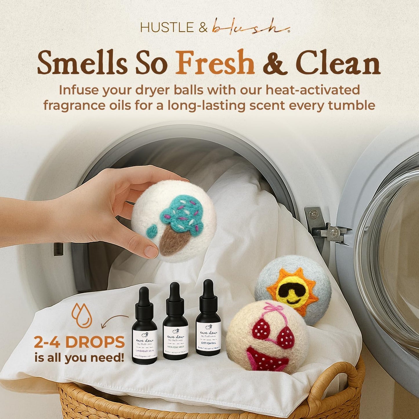 Fluff Ewes Wool Dryer Balls 6 Pack Premium New Zealand Wool Laundry Balls for Dryer, No Static Dryer Balls Laundry Reusable, XL Wool Dryer Balls Cute, Baby Dryer Balls for Dryers - Fun in The Sun