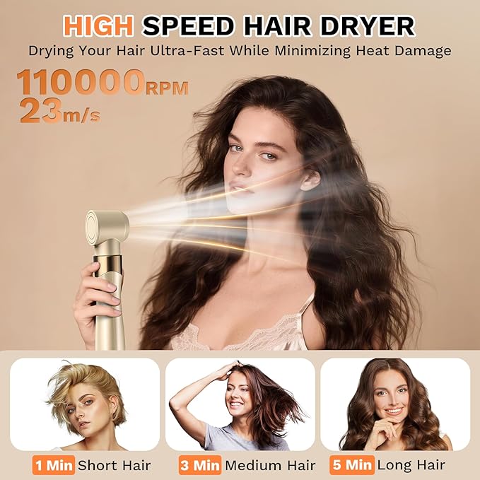 6 in 1 Hot Air Wrap Hair Styler, 110,000 RPM High-Speed Hair Dryer & Auto Wrap Curler, No Heat Damage Blow Dryer Brush for Fast Drying, Curling, Volumizing, Straightening with Travel Bag