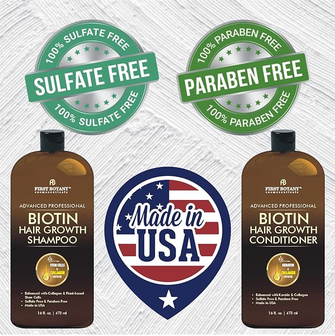 First Botany, Biotin Hair Growth Shampoo Conditioner Anti Hair Loss Thickening formula Collagen & Stem Cell For Hair Regrowth Anti Thinning Sulfate Free For Men Women Anti Dandruff Treatment 16 oz x2