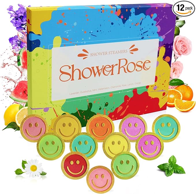 Shower Steamers Aromatherapy - 12 Pack Smiling Shape Style Fun Shower Bombs with Natural Oils, Stress Relaxing Bath Steamers Birthday Gifts for Women Men, Christmas Stocking Stuffers for Teens