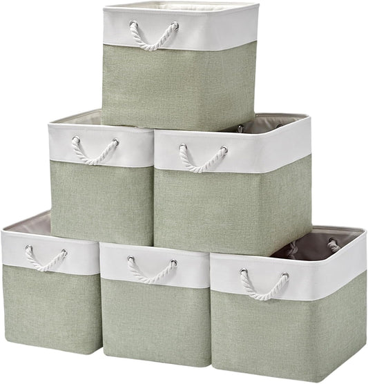 13 x 13 Inch Extra Large Storage Cubes,6 Pack Cube Storage Bins for Shelves，Fabric Collapsible Storage Bins with Handles, Foldable Storage Basket for Organizing Clothes, Toys (White&Green)