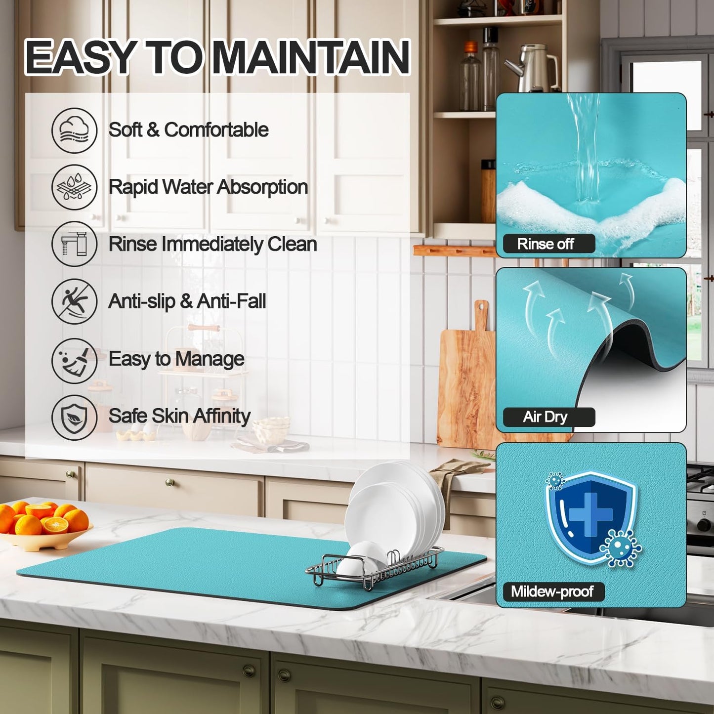 Dish Drying Mat for Kitchen Counter | Coffee Bar Mat for Countertops | Heat Resistant Drainer Mat with Non-slip Rubber Backed | Hide Stain Kitchen Absorbent Draining Mat | Turquoise 16"x20"