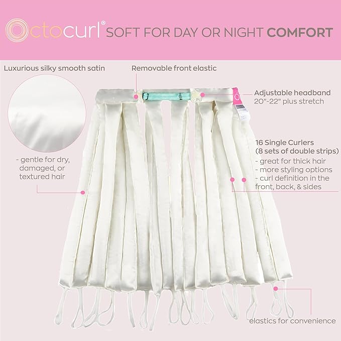 Octocurl Satin Hair Curlers - Heatless Curls Overnight - Headband Curlers for Long Hair (Satin - White)