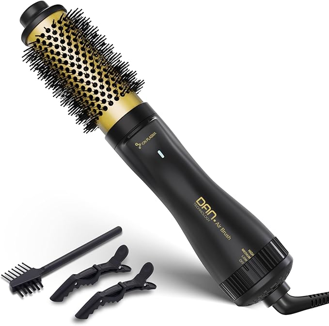 Dan Technology Blow Dryer Brush 1.5 Inch Round Blowout Brush 4-in-1 Hot Air Hair Dryer Brush & Styler, Comb, Straightener & Curler with Titanium & Ionic (Black-Gold)