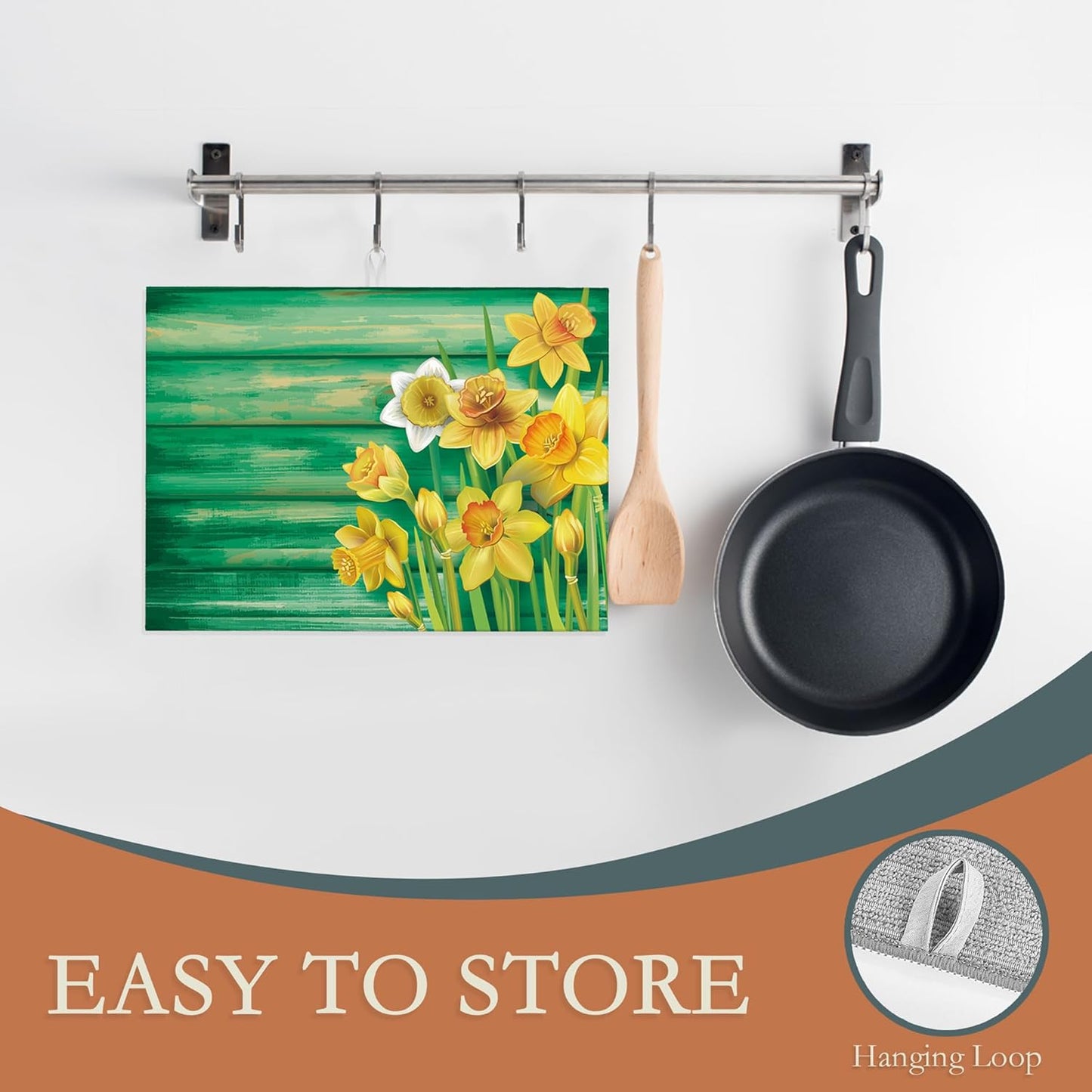 Yellow Daffodils Flowers Dish Drying Rack Mats Decor, Dish Pad Drying Mat Kitchen Counter 18x24 Inch Absorbent Reversible Microfiber for Coffee Bar Sink Countertop