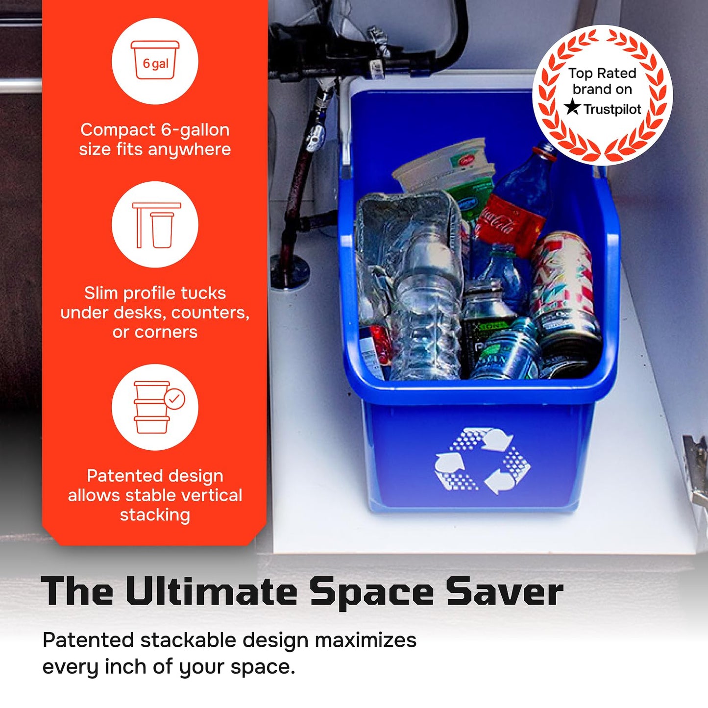 Multi Recycling Bin System with Three Stacking 6 Gallon Bins with Carrying Handles, Stackable and Compact for Offices, Homes, Garages, Businesses - (Green, 3 Pack)