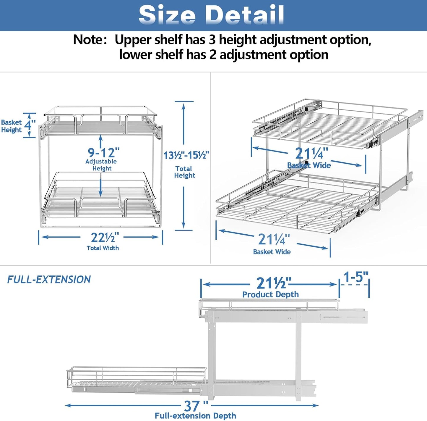 LOVMOR 2 Tier Individual Pull Out Cabinet Organizer 22½" W x 21½" D, Slide Out Kitchen Cabinet Storage Sliding Shelves