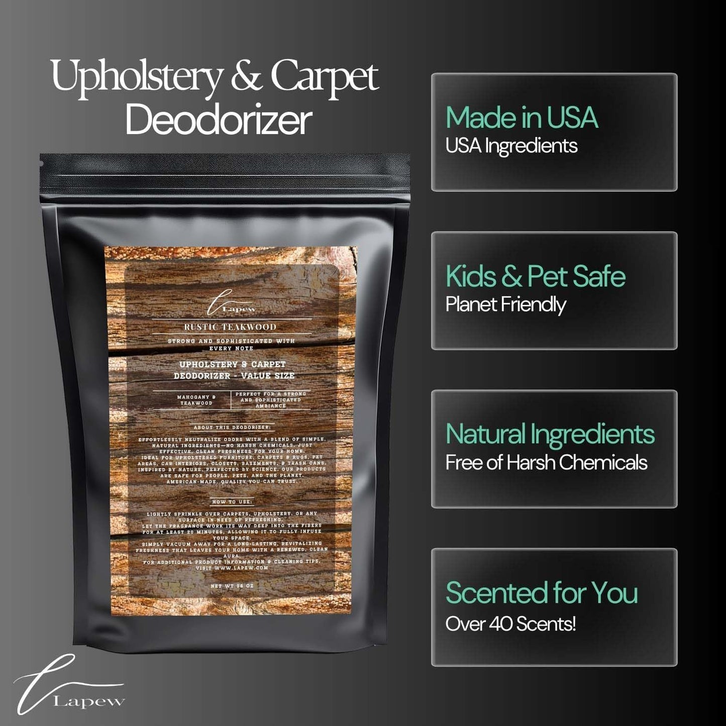 Rustic Teakwood Carpet Freshener Powder Refill 36 oz | Powerful Odor Eliminator for Home | Upholstery Deodorizer | Carpet Deodorizer | Pet Urine | Cat Litter Box | Mahogany Teakwood Fragrance