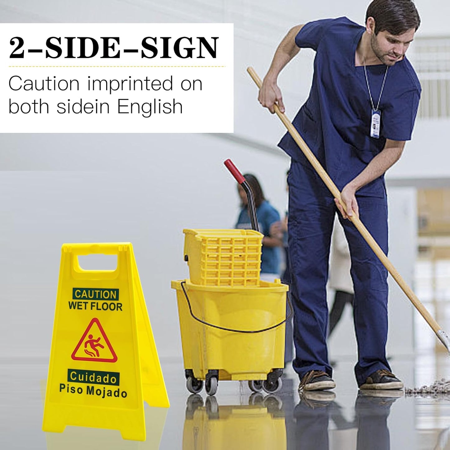 2-Pack Caution Wet Floor Sign, 17.5" Height, Bright Yellow, Double-Sided Folding A-Frame Design - Commercial Safety Sign with Bilingual Message