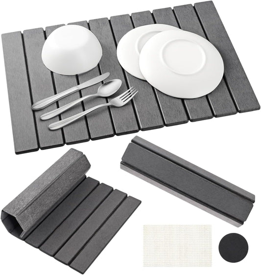 Large Stone Dish Drying Mats for Kitchen Counter, Foldable Quick Drying Mats, Eco-Friendly, diatomaceous earth bath mat, tapete de piedra absorbente para cocina 24" L x 16" W Inches (DARK GREY, LARGE)