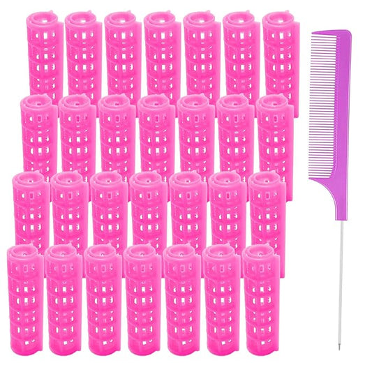 28PCS Plastic Hair Rollers Set 1.5cm/0.6in Heatless Hair Rollers Hair Curlers Snap on Rollers Self Grip Rollers Hairdressing Curlers Tools for DIY Hairdressing Hair Salon(pink)