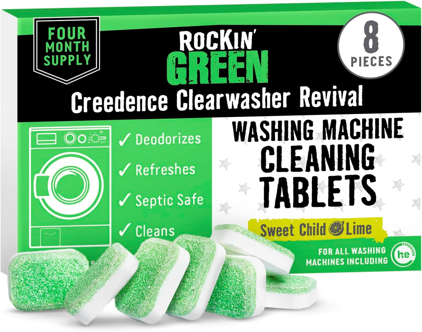 Rockin' Green Deep Cleaning and Deodorizing Tablets for Dishwashers, Washing Machines, and Garbage Disposals, Removes Odor and Residue (Washing Machine Cleaning Tablets, 8 Pack)