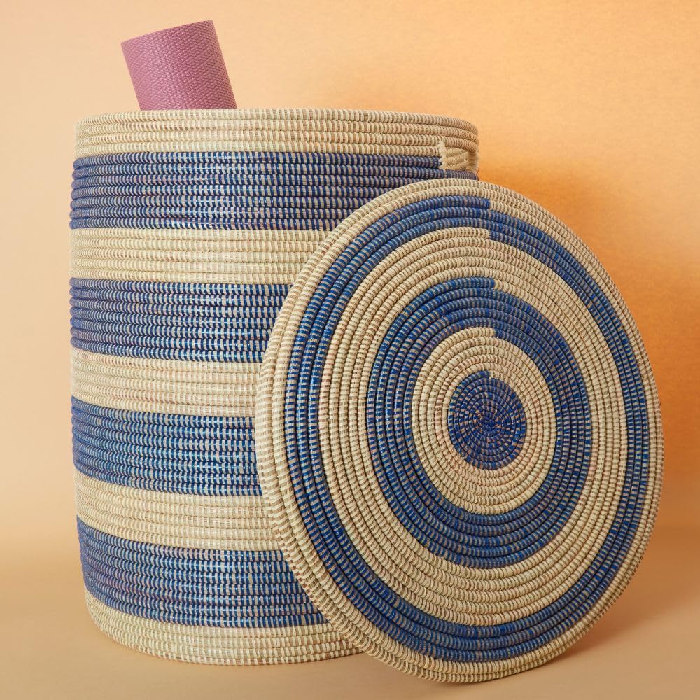 Storage & Organization - Laundry Basket, Bedroom Hamper, Nursery Toys Bin, Living Room Blankets Storage, Decorative, Wicker, Sturdy, Round, Handles, Woven, Blue Beige (Extra Large)