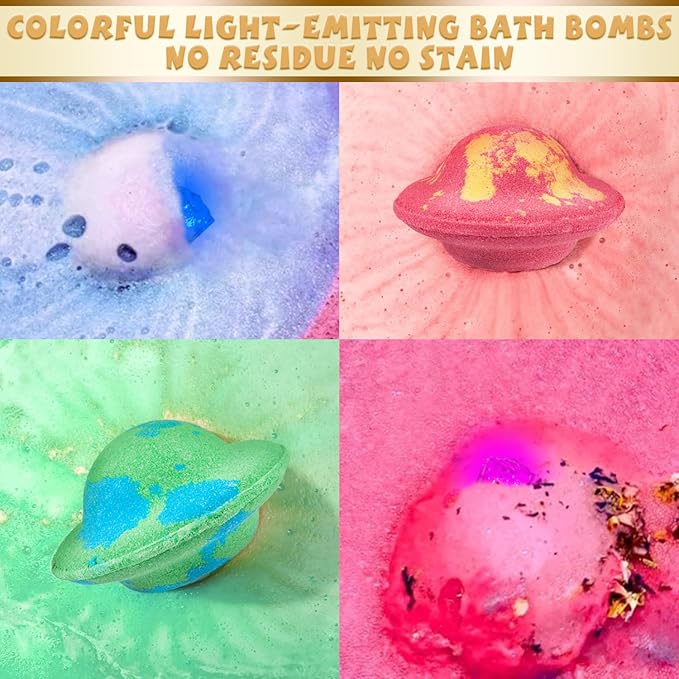 Light Up Bath Bombs with Surprise Light Cube Inside 18 Set 4 Ounce Big Size Romantic Saturn Natural Organic Saturn Bubble Bath Shower Bomb for Women Handmade Bubble Relaxing Spa Gift Bath Skin (6PCS)