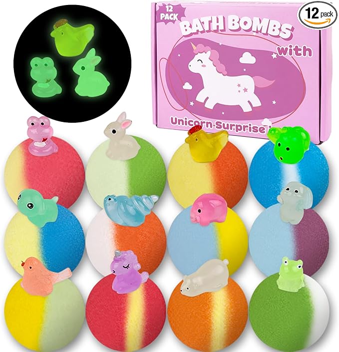 Bath Bombs for Kids, 12 Pcs Bath Bombs with Glow in The Dark Animal Surprise Inside, Handmade Organic Bubble Bath Ball Gift Set for Boys and Girls, Gift for Birthday Christmas Easter