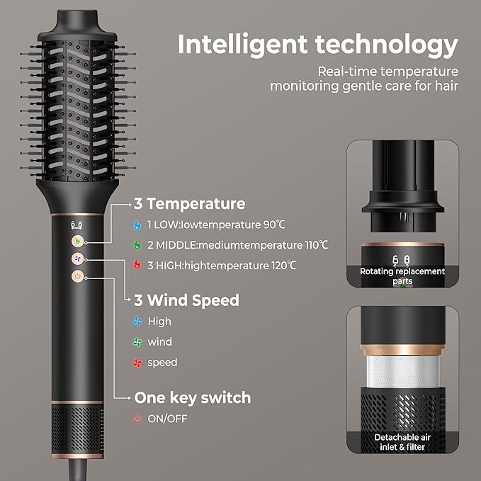 Hair Dryer Brush 5 in 1 Autowrap Hot Air Hair Styler with High-Speed Aluminum Alloy Blow Dryer Brush Volumizing, Straightening & Fast Drying with Negative Ion, No Heat Damage, Black