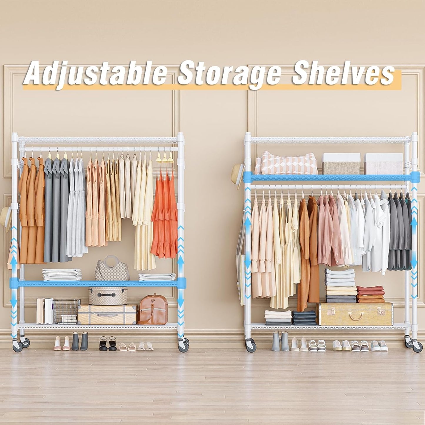 Homdox 3 Tier Garment Rack with Wheels, Portable Closets for Hanging Clothes Heavy Duty, Closet Racks and Shelving with Double Hanger Rods & Side Hooks, White