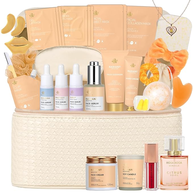 Orange 33 Pcs Facial Kit For Women, Skin Care Gift Set, Self-Care Kit, Spa & Bath & Body Basket Gift, Beauty Care Bag Set, Collagen Gel Mask, Pampering Kit, Birthday Gift, Christmas, Wife, Mother Day