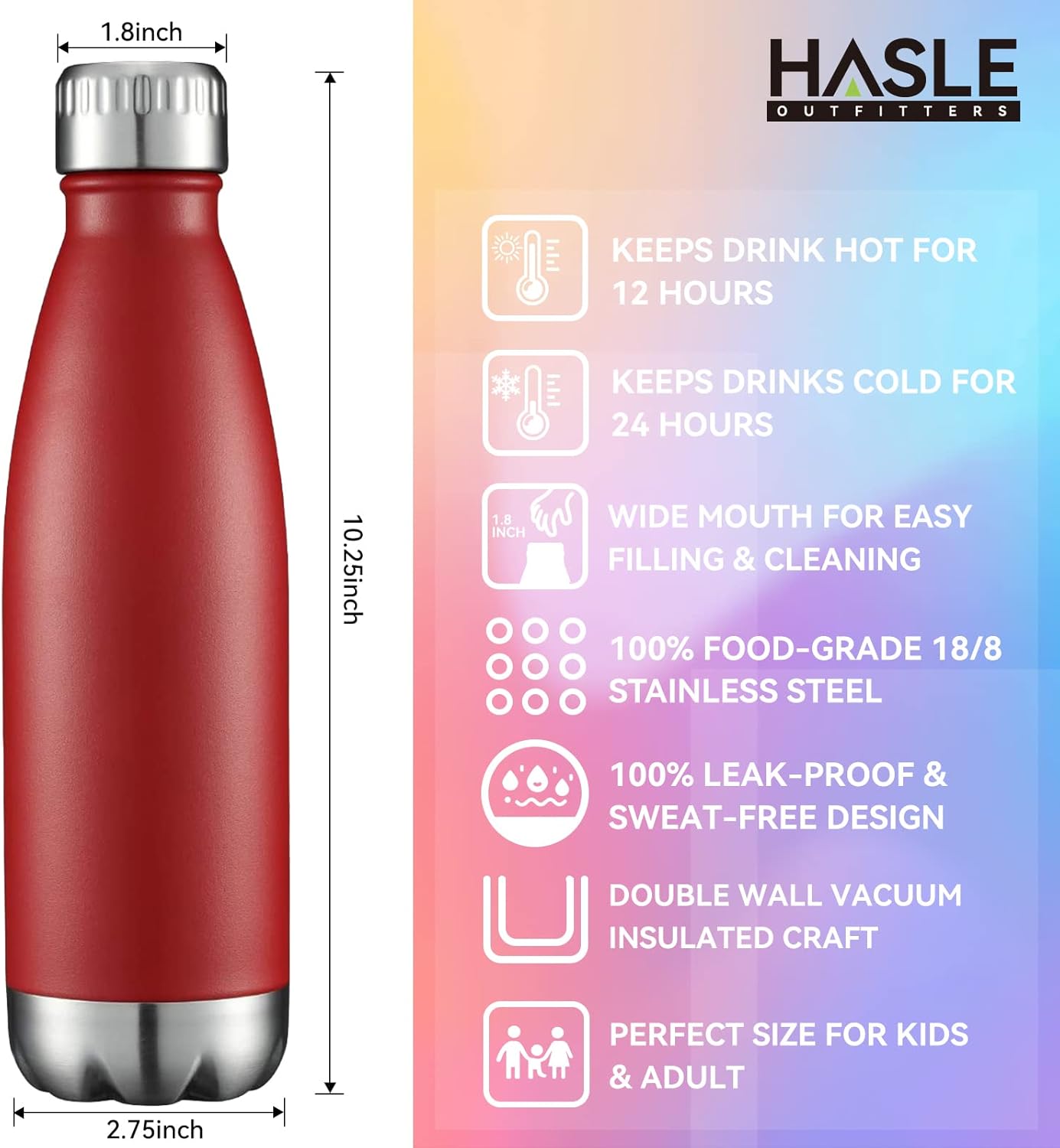 HASLE OUTFITTERS 17oz Stainless Steel Water Bottles Bulk, Vacuum Insulated Water Bottles Double Walled Powder Coated Reusable Metal Sports Water Bottles Keep Drinks Hot and Cold, Red, 8Packs