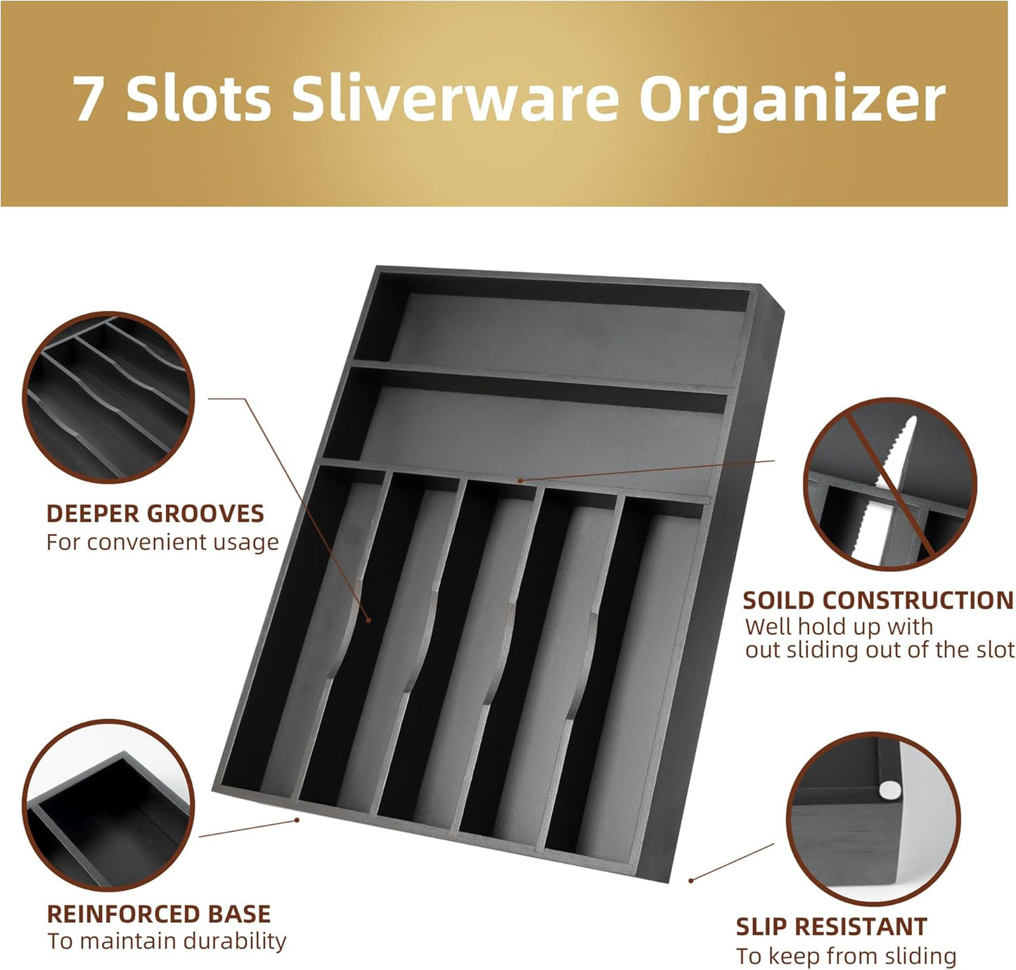 Silverware Organizer Bamboo Kitchen Drawer Organizer Utensil Organizer Silverware Holder Cutlery Organizer in drawer Flatware Organizer Tray (Black 7 Slots)