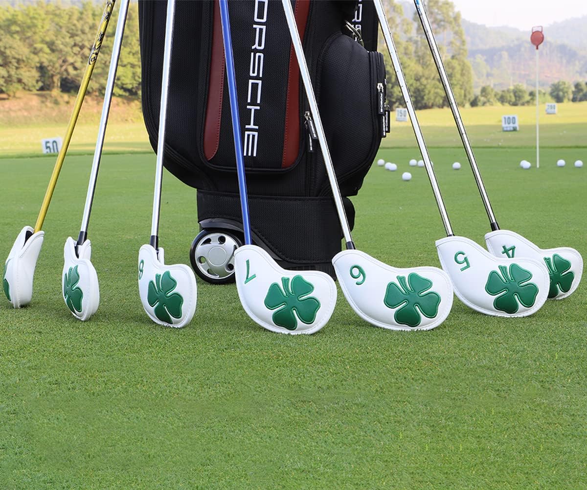 Golf Iron Covers Golf Iron Head Covers Leather Golf Iron Covers for Golf Clubs 10pcs Golf Iron Headcovers Lucky Clover Golf Club Head Covers for Iron with Magic Tape Fit All Brands
