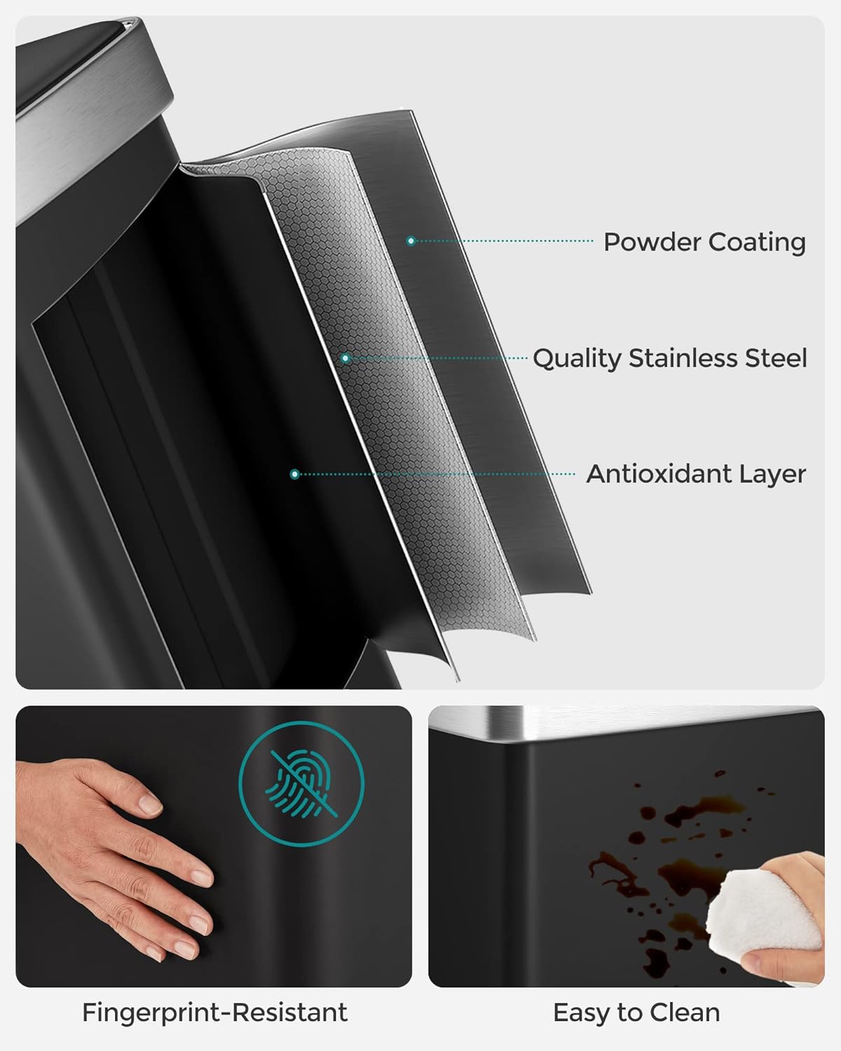 SONGMICS Kitchen Trash Can, 16 Gallon (2 x 8 Gallon) Dual Compartment Garbage Can, 60L Pedal Recycling Bin, Stays Open and Soft Close, Stainless Steel, 15 Bags Included, Ink Black ULTB202B01