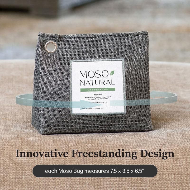 Moso Natural Air Purifying Bag 600g, Premium Bamboo Charcoal Odor Absorber, Room Deodorizer for Large Spaces, Bedroom, Kitchen, Basement, Pet Odor Eliminator for Home, 21oz Charcoal Bags (2 Pack)