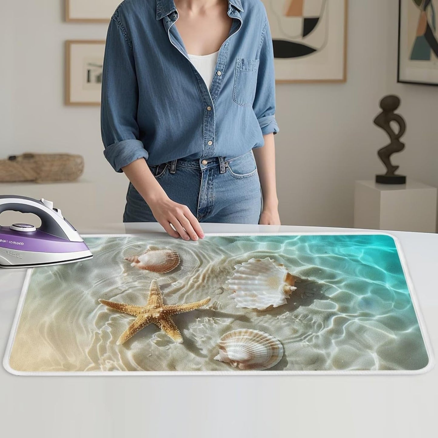 Ironing Mat Thickened Beach Starfish Ironing Blanket Travel Portable Ironing Pad Travel Isolate Heat Pad Cover for Washer Dryer Table Top Countertop 32 x 16 Inch