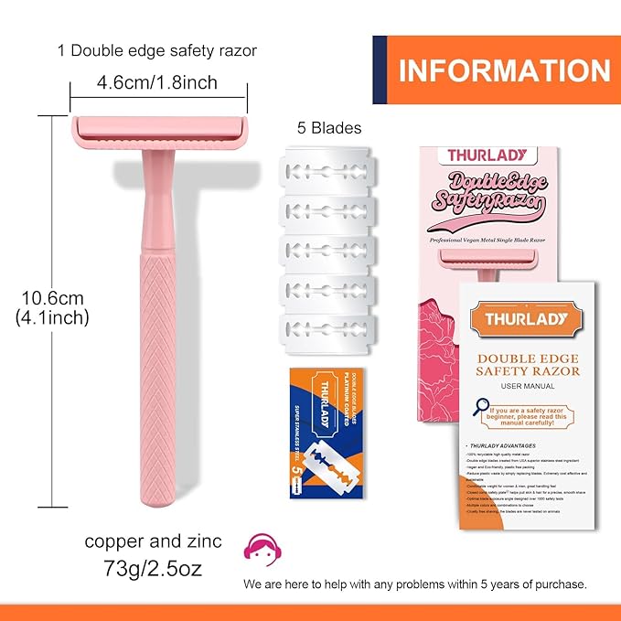 Cherry Pink Safety Razor - Single Blade Razors for Women - Reusable Metal Razor, with 5 Stainless Steel Double Edge Blades, Smooth Close Shave, Sustainable, Plastic Free