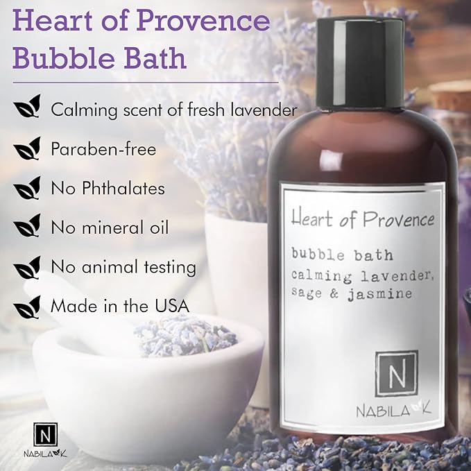 Heart of Provence Travel Size Bubble Bath with Lavender, Sage & Jasmine Scent by Nabila K - Essential Oils, Natural Ingredients for Sensitive Skin, Gentle, Moisturizing - Luxury for Women & Men, 2 oz